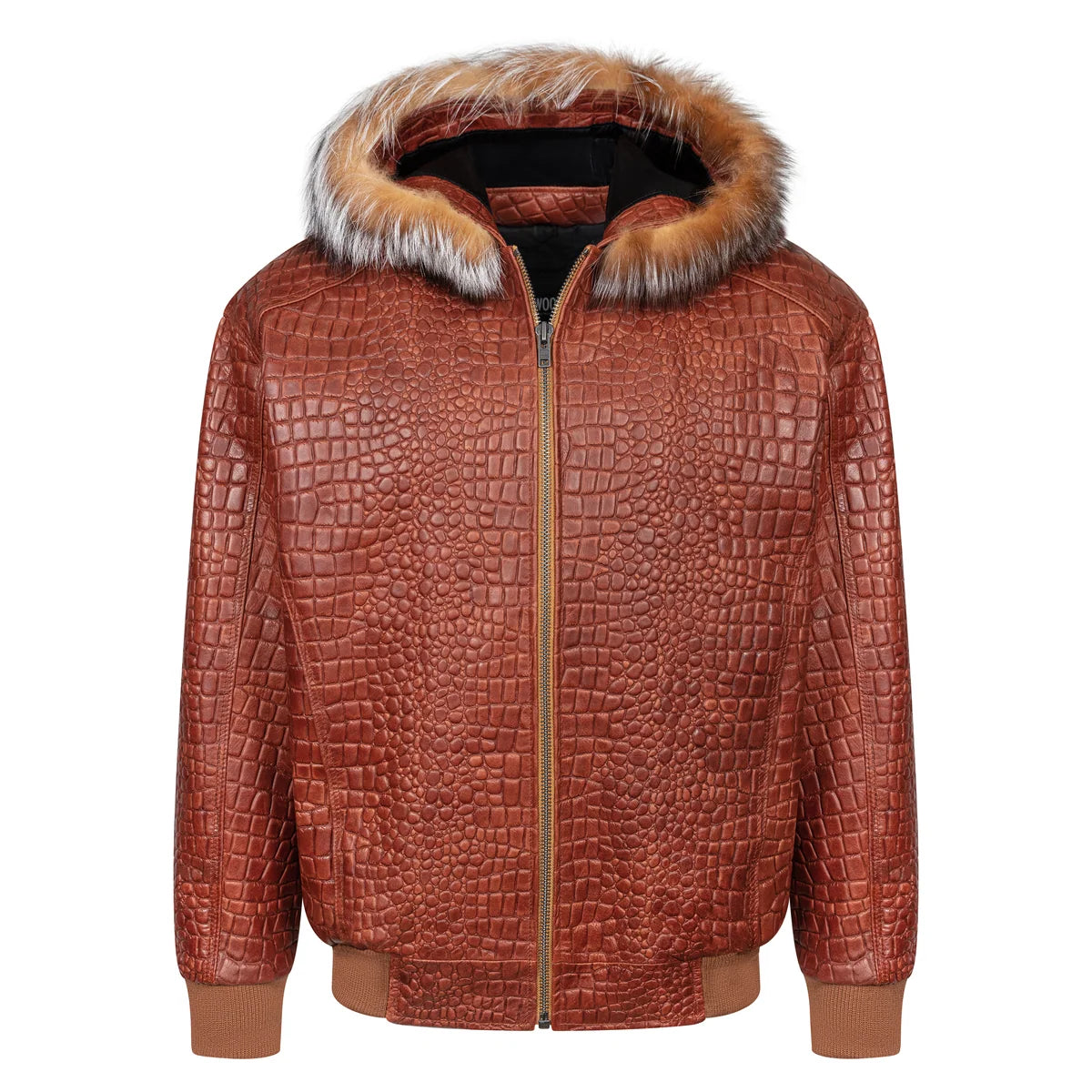 Jakewood 2266H Cognac Genuine Embossed Leather/Fox Fur Hood Bomber Jacket