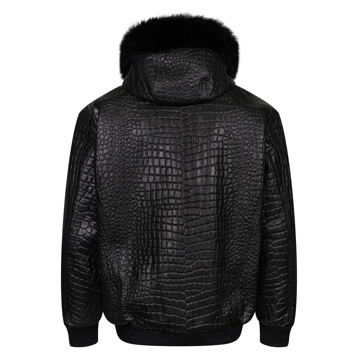 Jakewood 2266H Black Genuine Embossed Leather/Fox Fur Hood Bomber Jacket