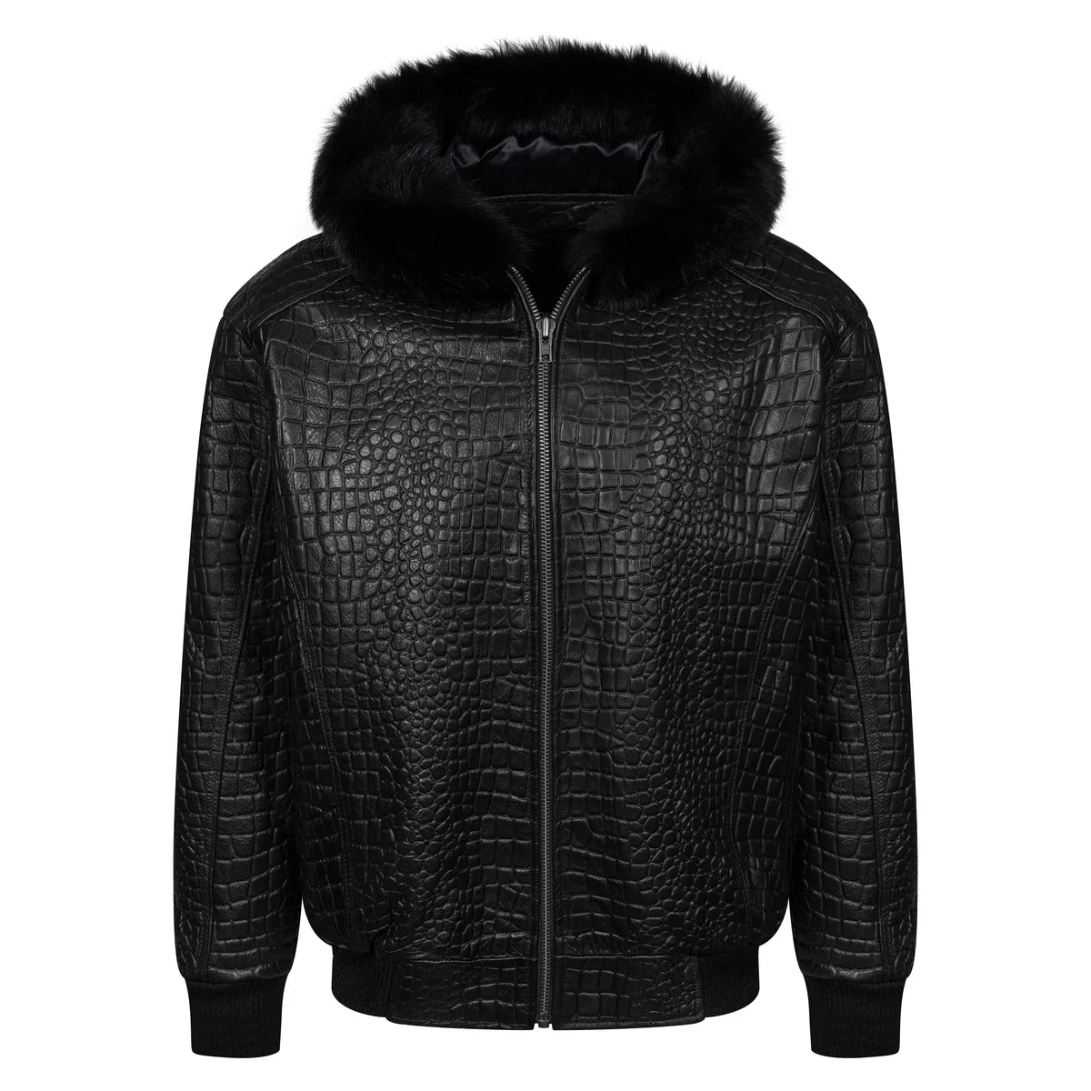 Jakewood 2266H Black Genuine Embossed Leather/Fox Fur Hood Bomber Jacket