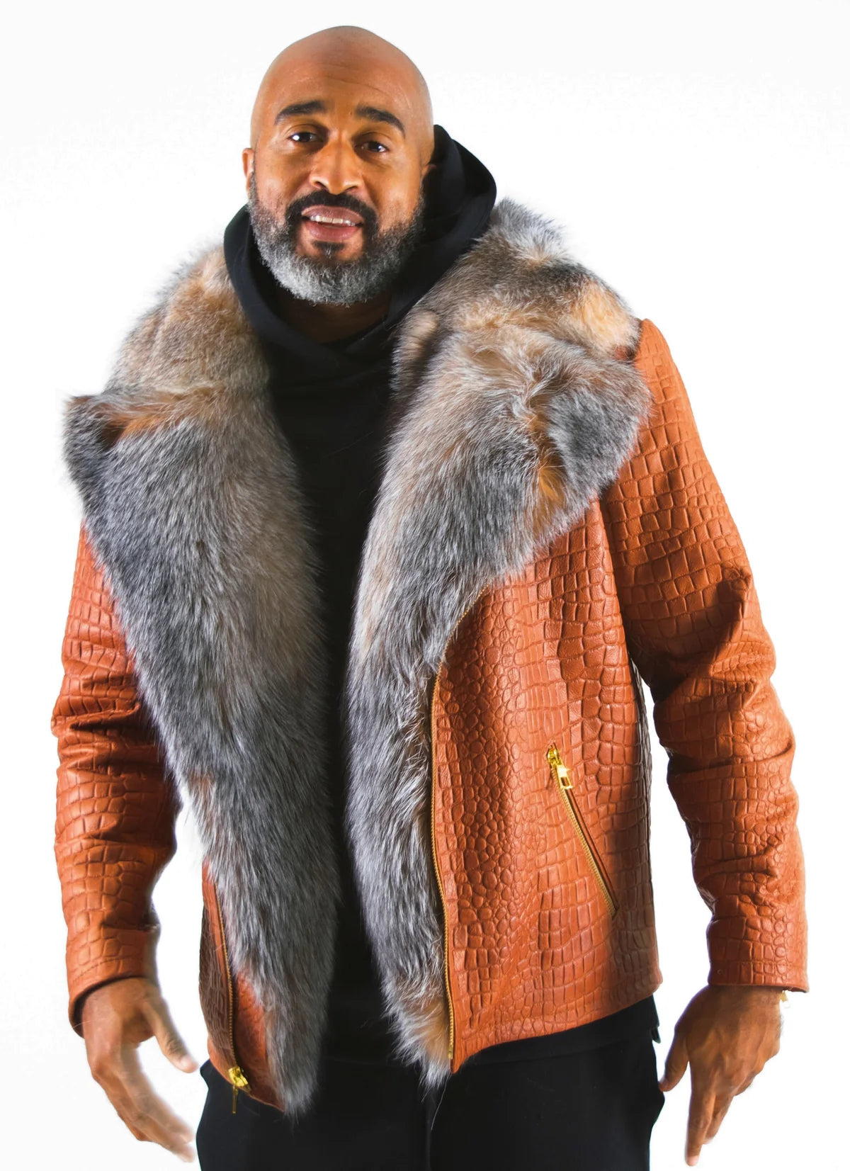 Jakewood 7100 Cognac Genuine Embossed Leather/Fox Fur Jacket