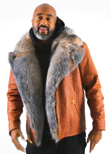 Jakewood 7100 Cognac Genuine Embossed Leather/Fox Fur Jacket