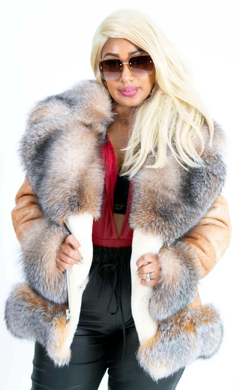 Jakewood 1016 Ladies Crispy Cognac Genuine Sheepskin/Fox 3/4 Length Jacket