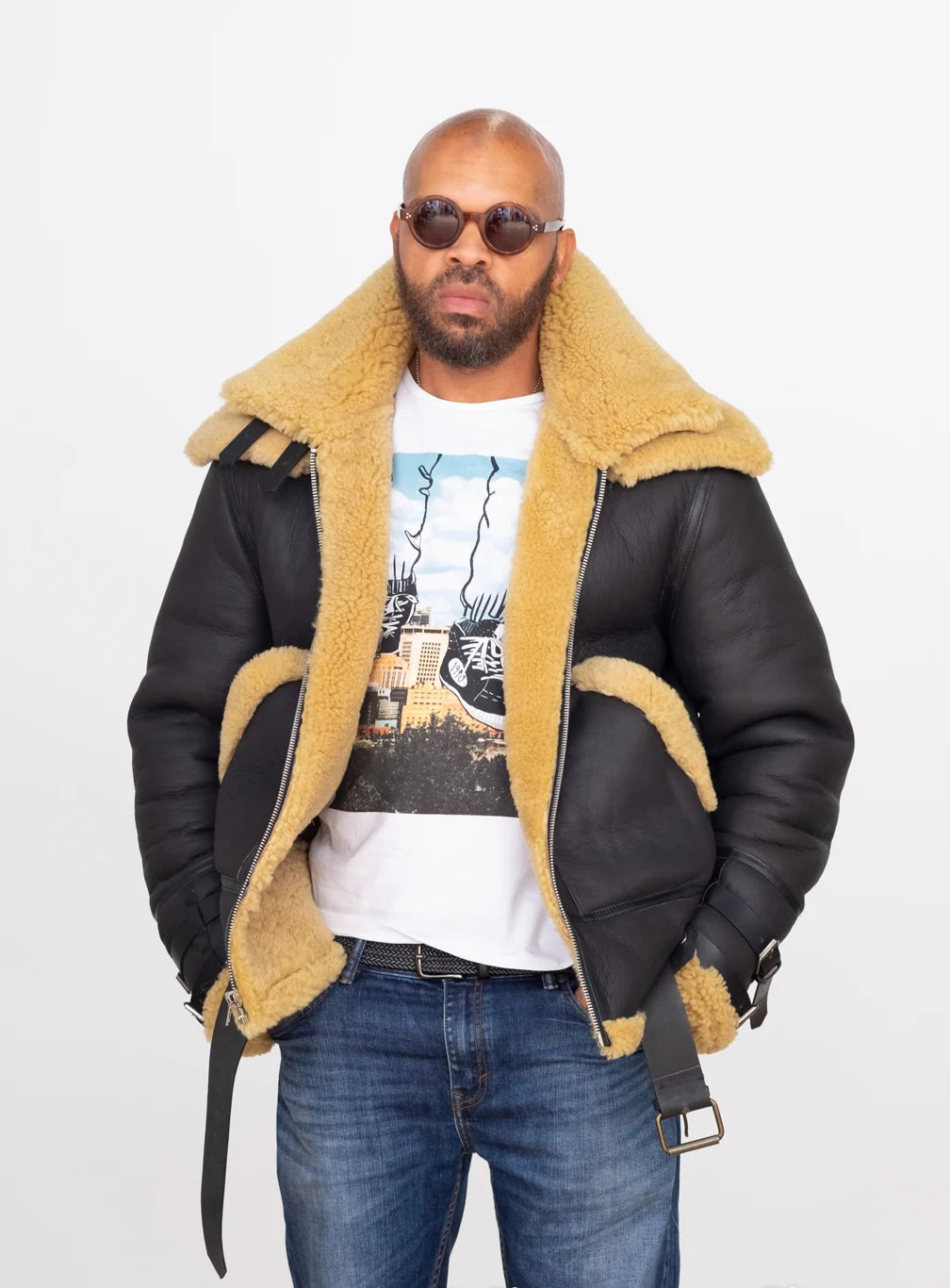 Jakewood 808 Brown Genuine Sheepskin Double Collar Bomber Jacket