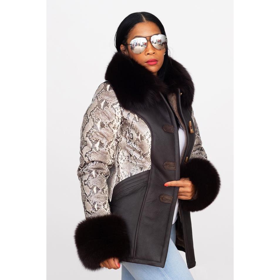 Jakewood 1077 Ladies Genuine Sheepskin/Fox Fur/Python Toggle Coat