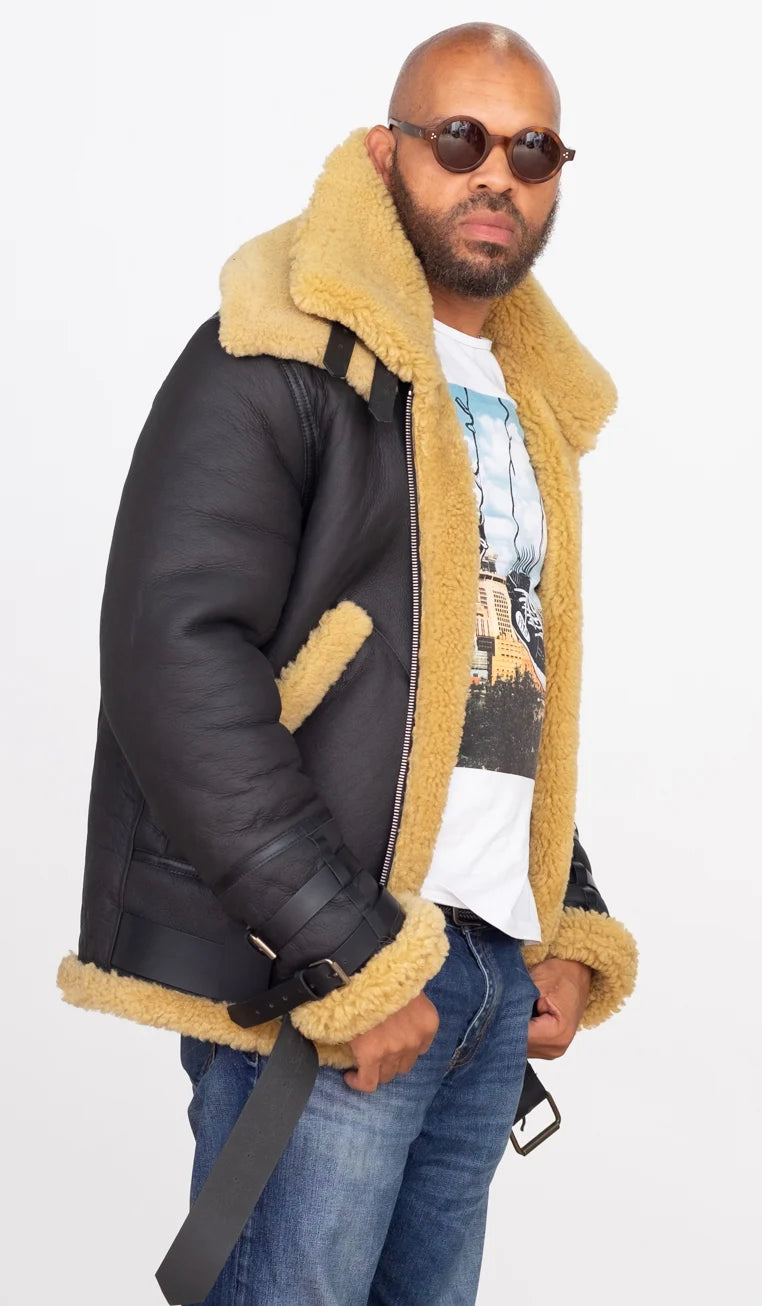 Jakewood 808 Brown Genuine Sheepskin Double Collar Bomber Jacket
