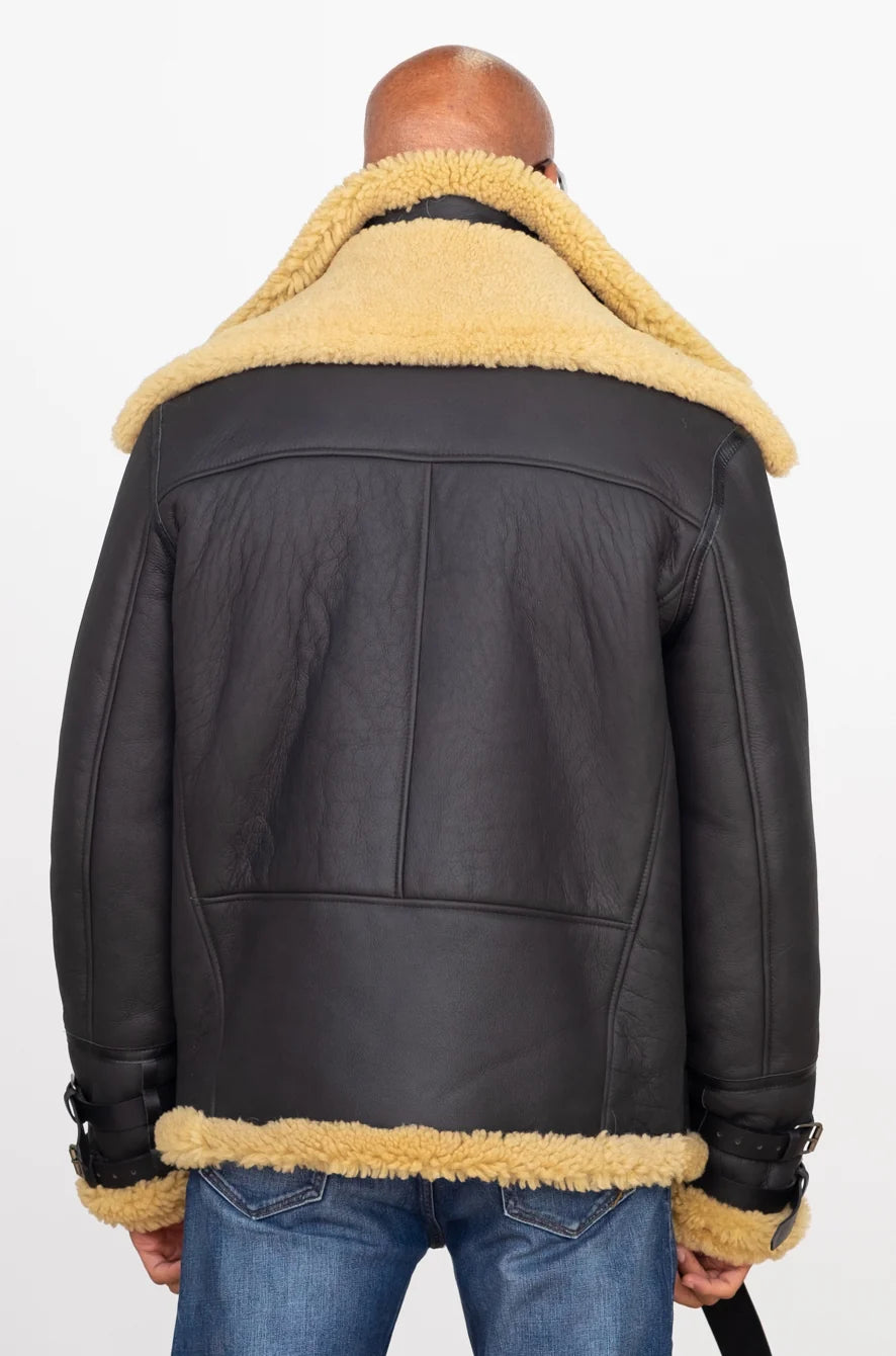 Jakewood 808 Brown Genuine Sheepskin Double Collar Bomber Jacket