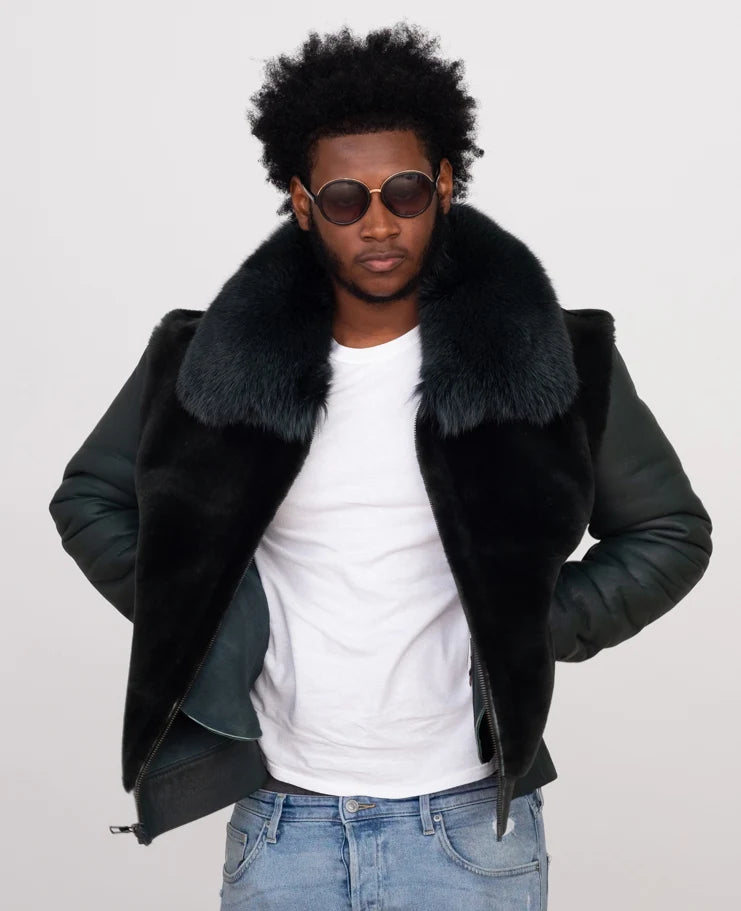 Jakewood 7020 Black Genuine Sheepskin/Fox Fur Collar Jacket
