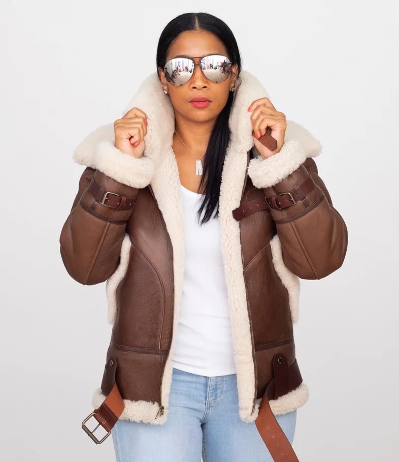 Jakewood 1003 Brown Ladies Genuine Sheepskin Double Collar Bomber Jacket
