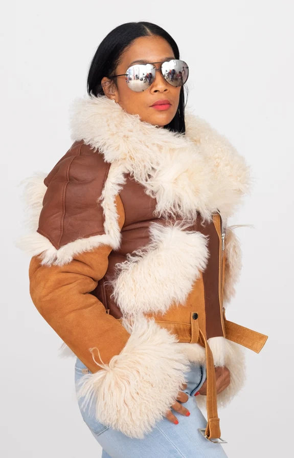 Jakewood 1012 Ladies Cognac/Brown/Cream Genuine Sheepskin/Fur/Leather Racing Jacket