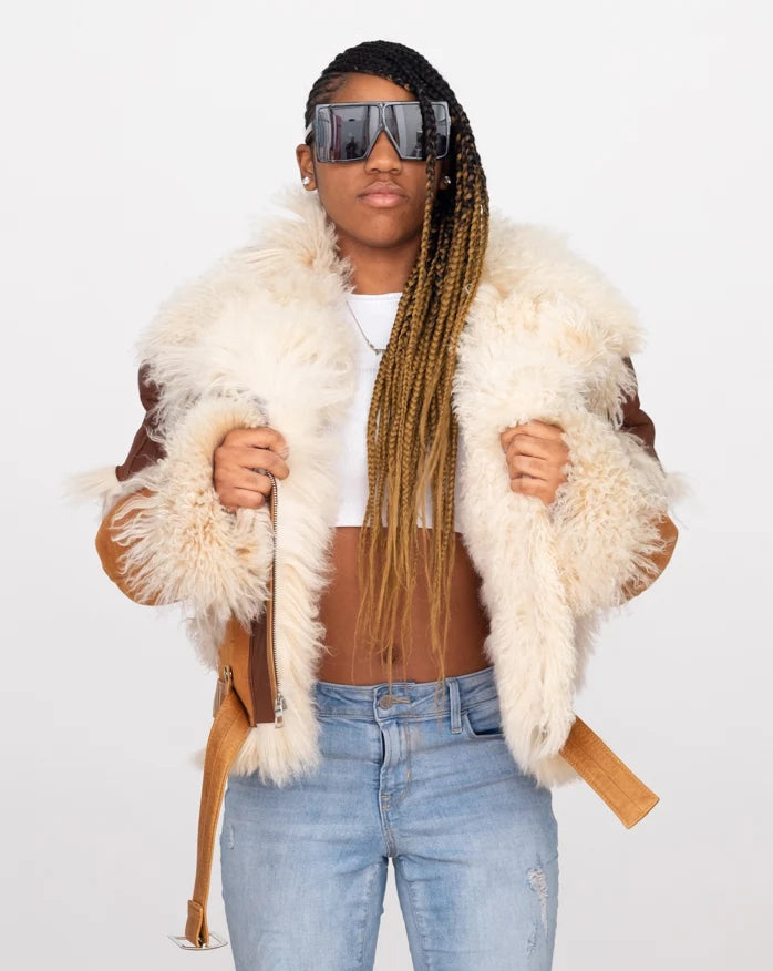 Jakewood 1012 Ladies Cognac/Brown/Cream Genuine Sheepskin/Fur/Leather Racing Jacket