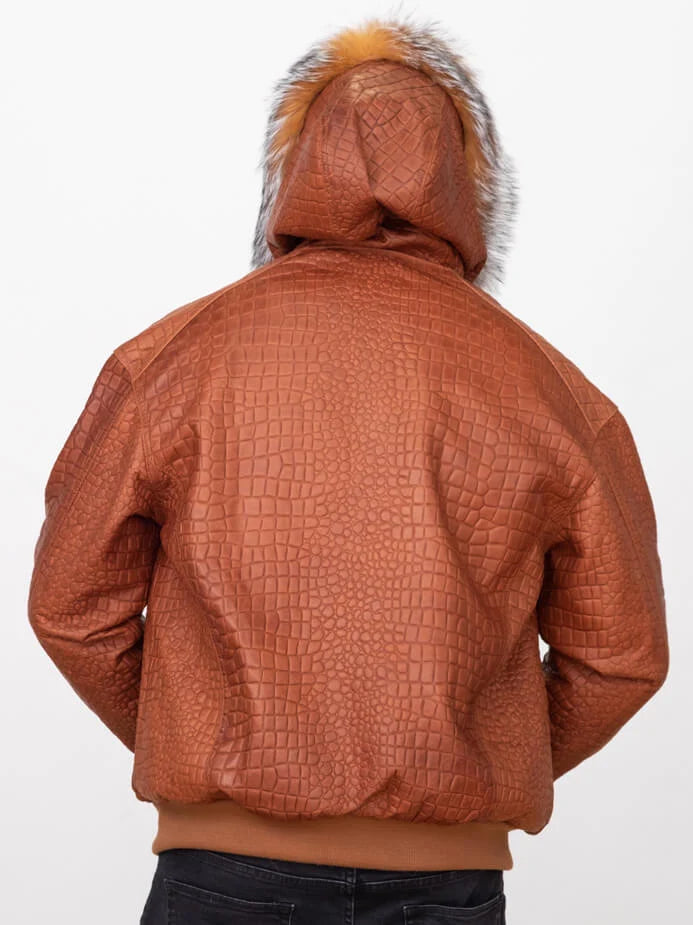 Jakewood 2266H Cognac Genuine Embossed Leather/Fox Fur Hood Bomber Jacket