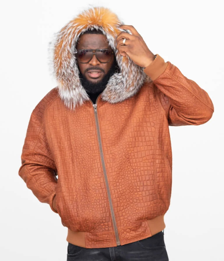 Jakewood 2266H Cognac Genuine Embossed Leather/Fox Fur Hood Bomber Jacket