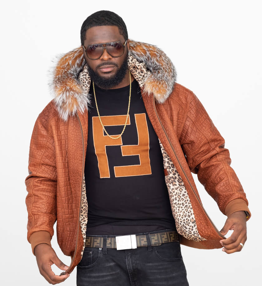 Jakewood 2266H Cognac Genuine Embossed Leather/Fox Fur Hood Bomber Jacket