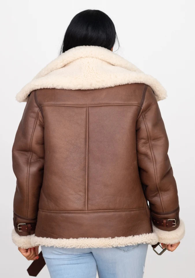 Jakewood 1003 Brown Ladies Genuine Sheepskin Double Collar Bomber Jacket