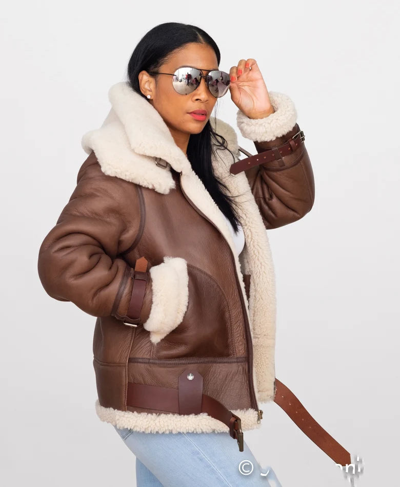 Jakewood 1003 Brown Ladies Genuine Sheepskin Double Collar Bomber Jacket