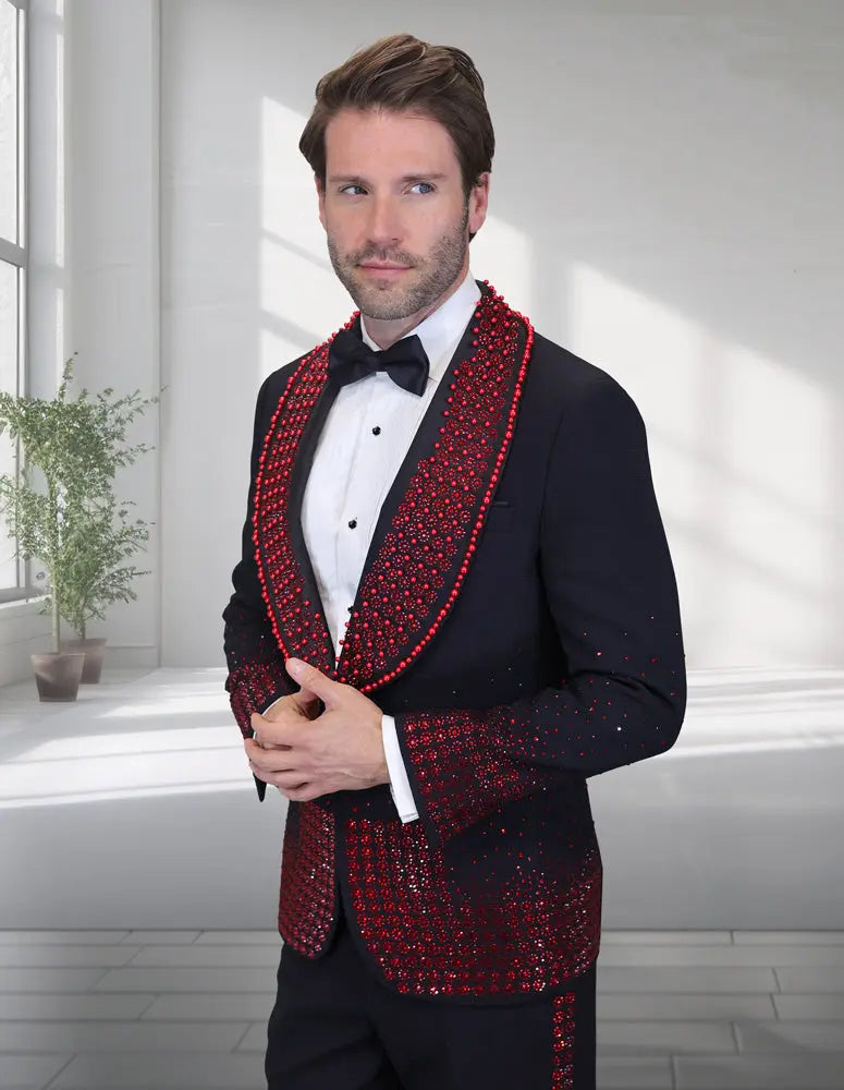 Statement Award Black/Red Rhinestone Vested Tuxedo
