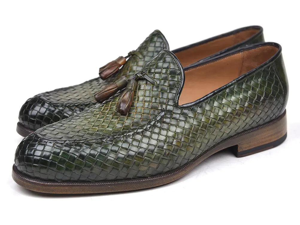 Paul Parkman Men's Green Woven Genuine Leather Tassel Loafers (ID#WVN44-GRN) PAUL PARKMAN