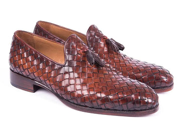 Paul Parkman Men's Brown Woven Genuine Leather Tassel Loafers (ID#WVN88-BRW) PAUL PARKMAN