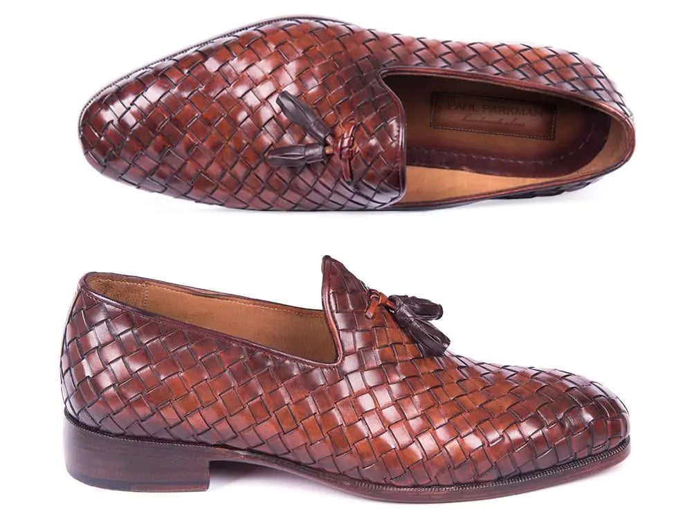 Paul Parkman Men's Brown Woven Genuine Leather Tassel Loafers (ID#WVN88-BRW) PAUL PARKMAN