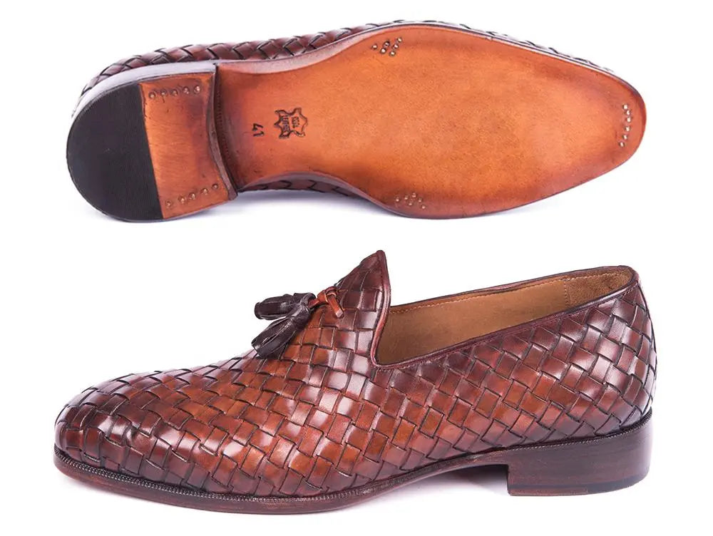 Paul Parkman Men's Brown Woven Genuine Leather Tassel Loafers (ID#WVN88-BRW) PAUL PARKMAN