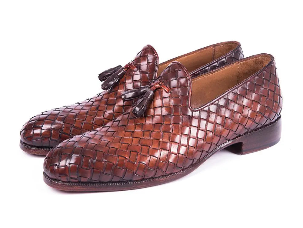 Paul Parkman Men's Brown Woven Genuine Leather Tassel Loafers (ID#WVN88-BRW) PAUL PARKMAN