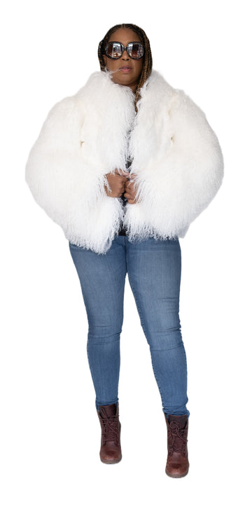 Verona Women's W49S01 White Genuine Mink/Mongolian Lamb Fur Coat