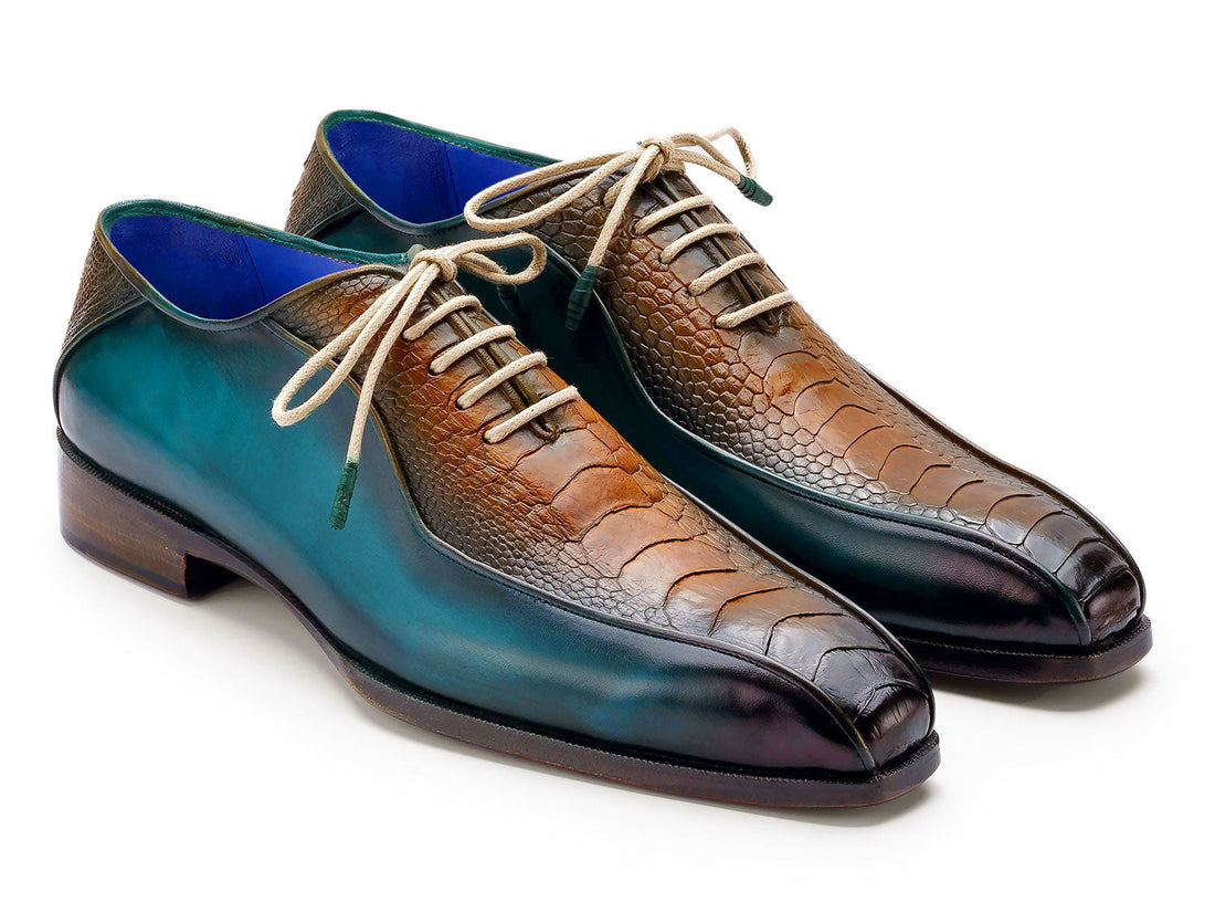 Paul Parkman Genuine Ostrich Leg Bicycle Toe Oxfords Green & Brown (ID#94DLTQB) PAUL PARKMAN