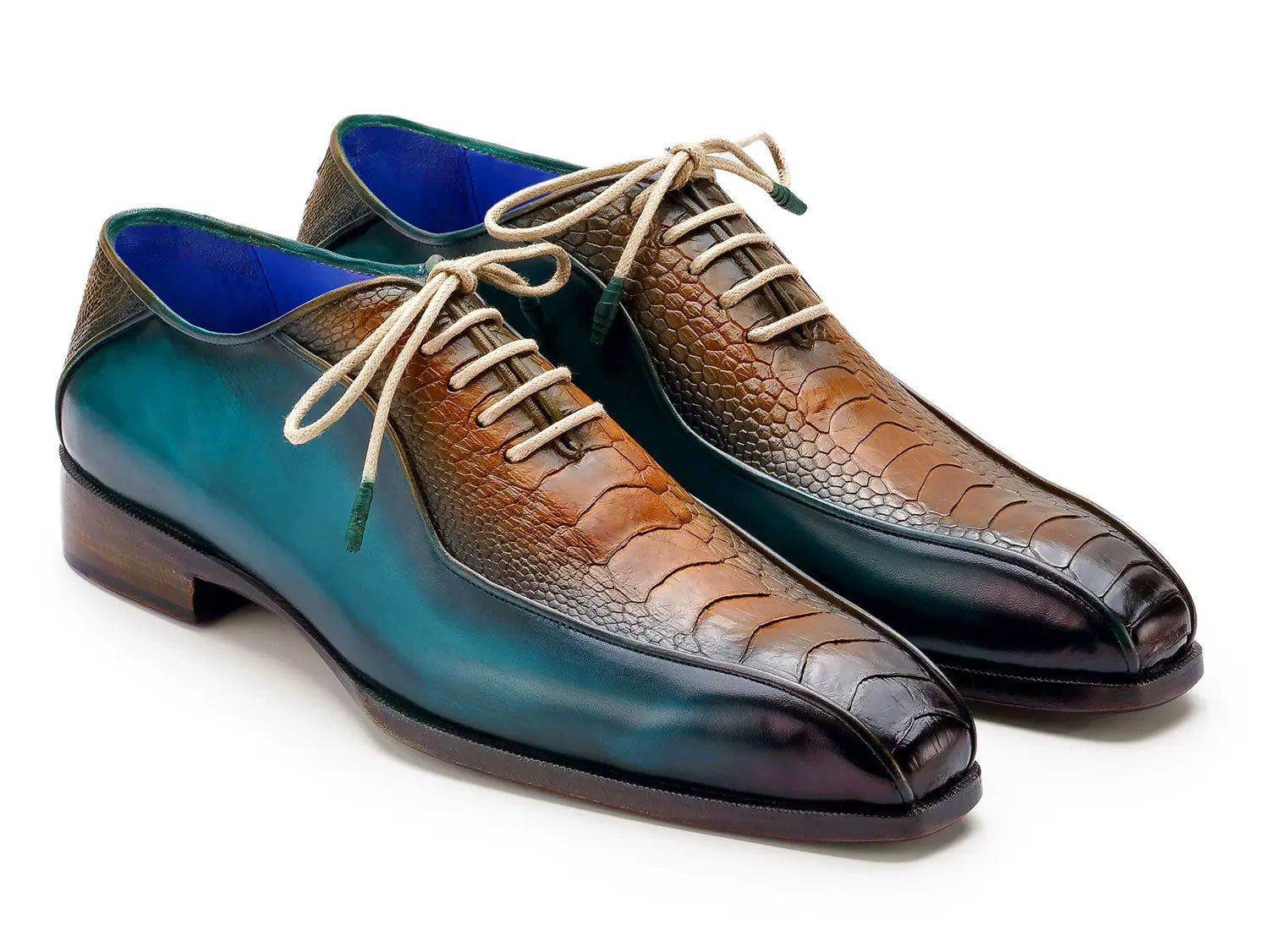 Paul Parkman Men's Green/Brown Genuine Ostrich Leg Bicycle Toe Oxfords (ID#94DLTQB) PAUL PARKMAN