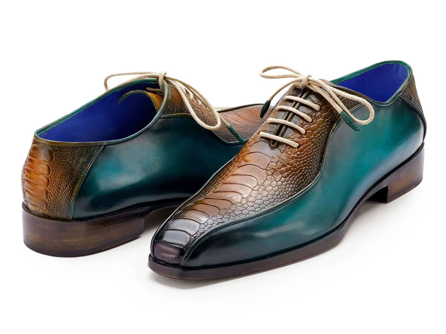 Paul Parkman Men's Green/Brown Genuine Ostrich Leg Bicycle Toe Oxfords (ID#94DLTQB) PAUL PARKMAN