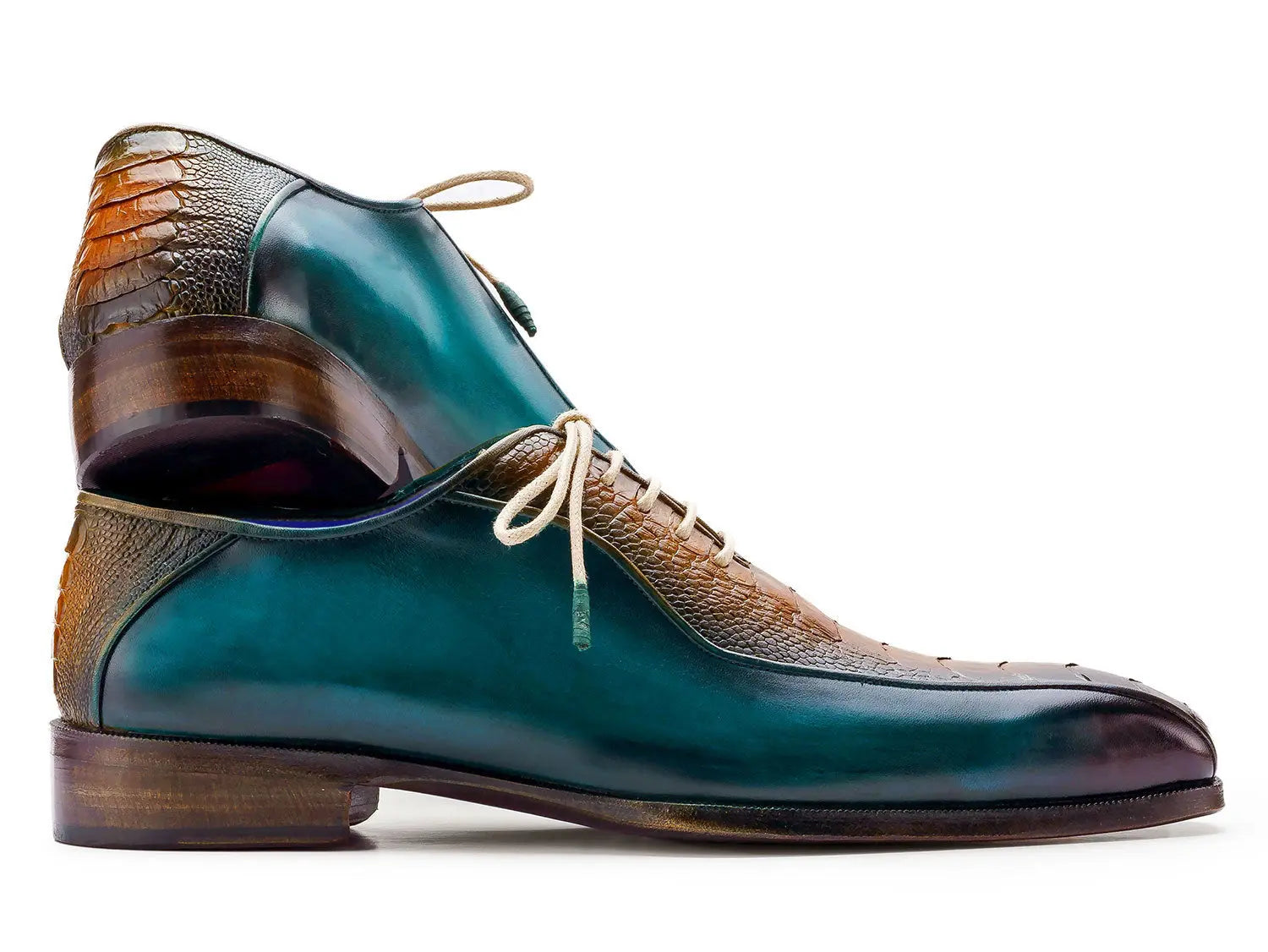 Paul Parkman Men's Green/Brown Genuine Ostrich Leg Bicycle Toe Oxfords (ID#94DLTQB) PAUL PARKMAN