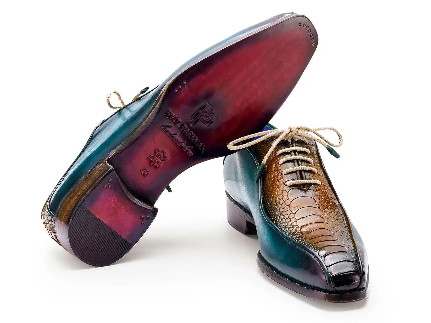 Paul Parkman Men's Green/Brown Genuine Ostrich Leg Bicycle Toe Oxfords (ID#94DLTQB) PAUL PARKMAN