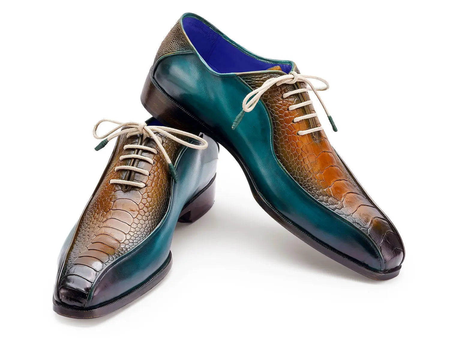 Paul Parkman Men's Green/Brown Genuine Ostrich Leg Bicycle Toe Oxfords (ID#94DLTQB) PAUL PARKMAN