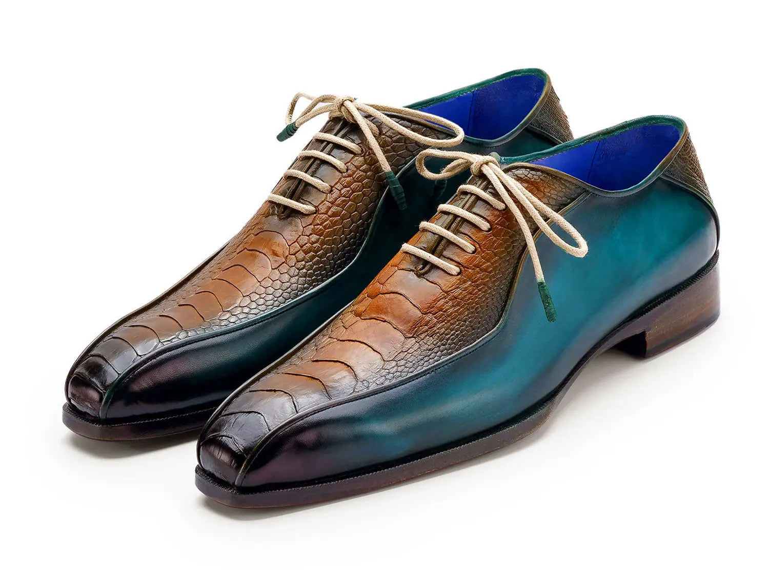 Paul Parkman Men's Green/Brown Genuine Ostrich Leg Bicycle Toe Oxfords (ID#94DLTQB) PAUL PARKMAN