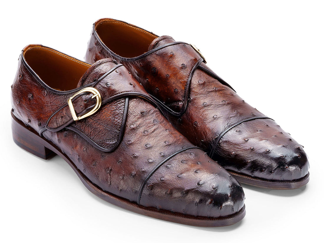 Paul Parkman Men's Genuine Ostrich Skin Monkstrap Shoes Brown (ID#91BRW68) PAUL PARKMAN