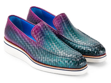 Paul Parkman Men's Green/Purple Smart Casual Woven Genuine Leather Loafers (ID#186-WN-GPR) PAUL PARKMAN