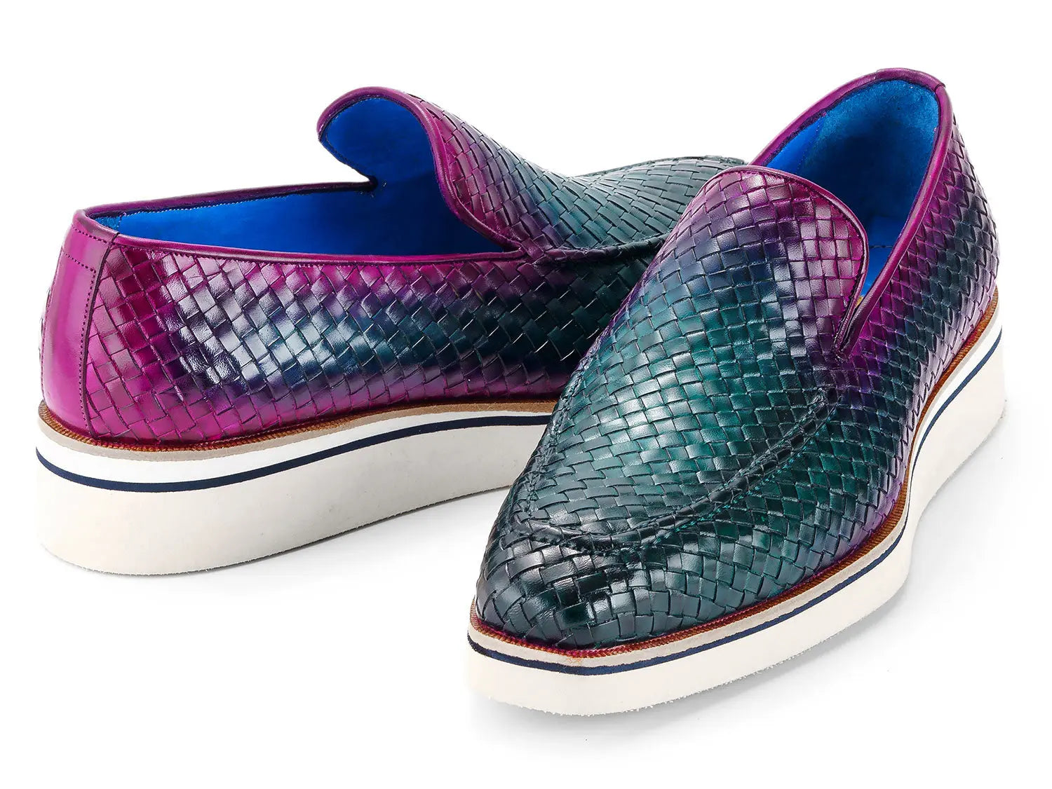 Paul Parkman Men's Green/Purple Smart Casual Woven Genuine Leather Loafers (ID#186-WN-GPR) PAUL PARKMAN