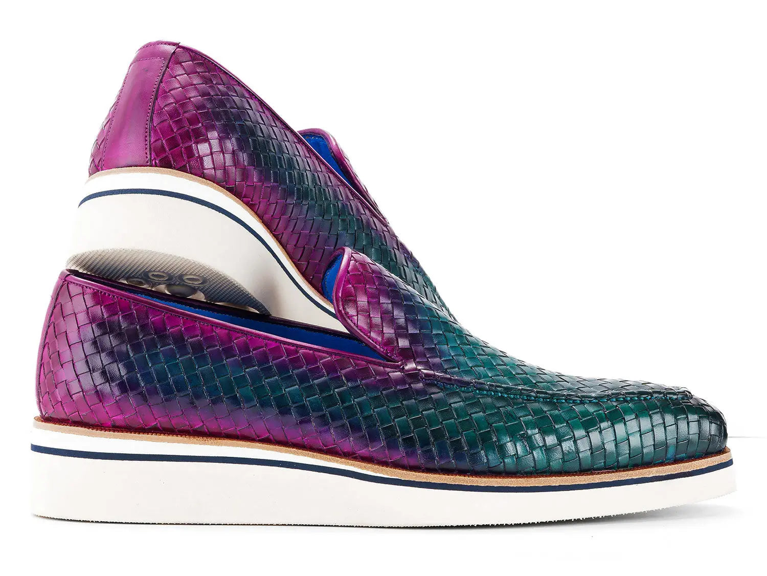 Paul Parkman Men's Green/Purple Smart Casual Woven Genuine Leather Loafers (ID#186-WN-GPR) PAUL PARKMAN
