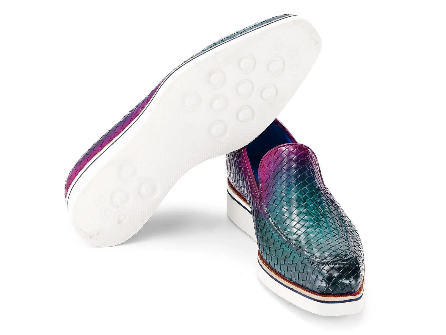 Paul Parkman Men's Green/Purple Smart Casual Woven Genuine Leather Loafers (ID#186-WN-GPR) PAUL PARKMAN