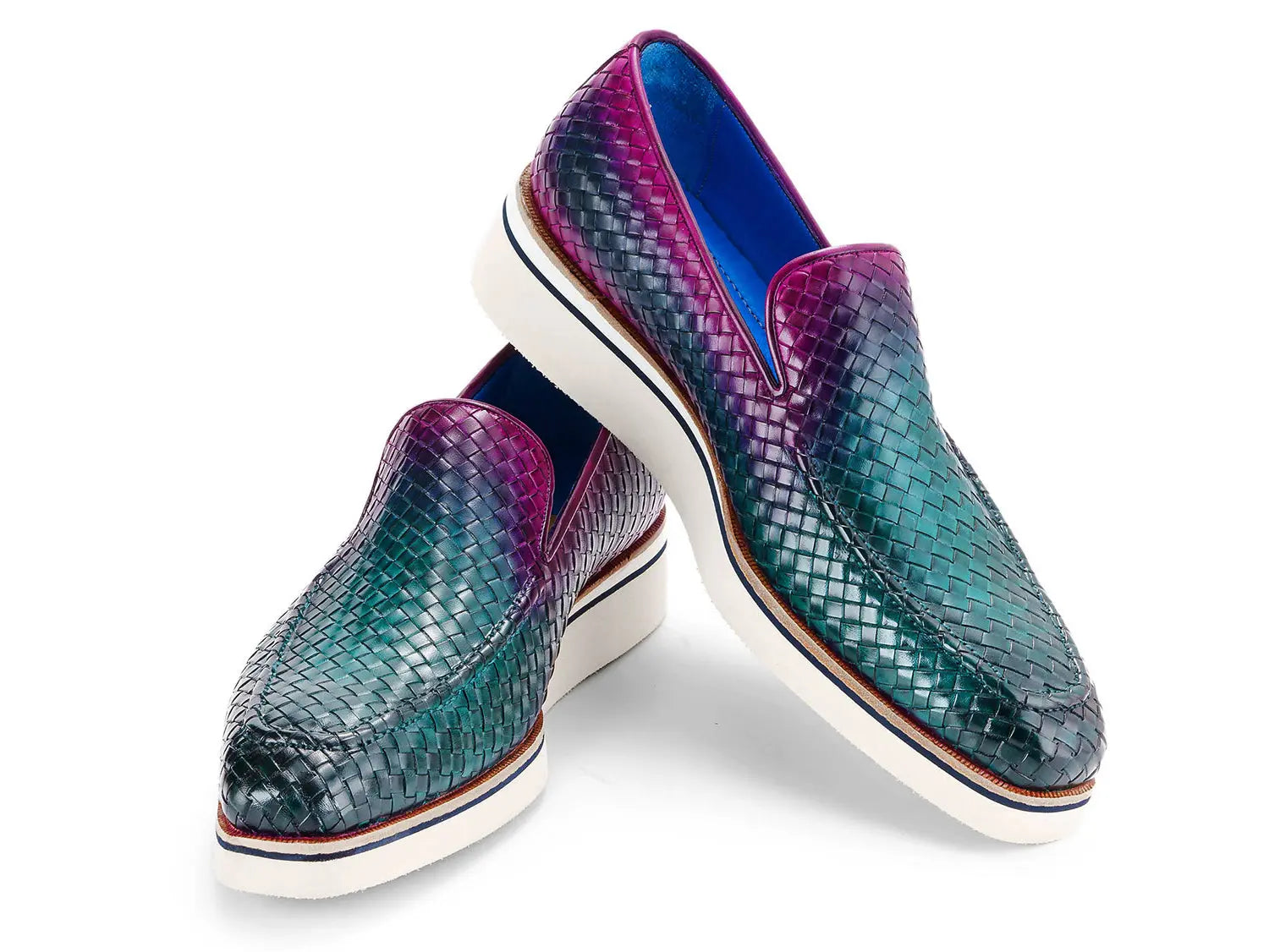 Paul Parkman Men's Green/Purple Smart Casual Woven Genuine Leather Loafers (ID#186-WN-GPR) PAUL PARKMAN