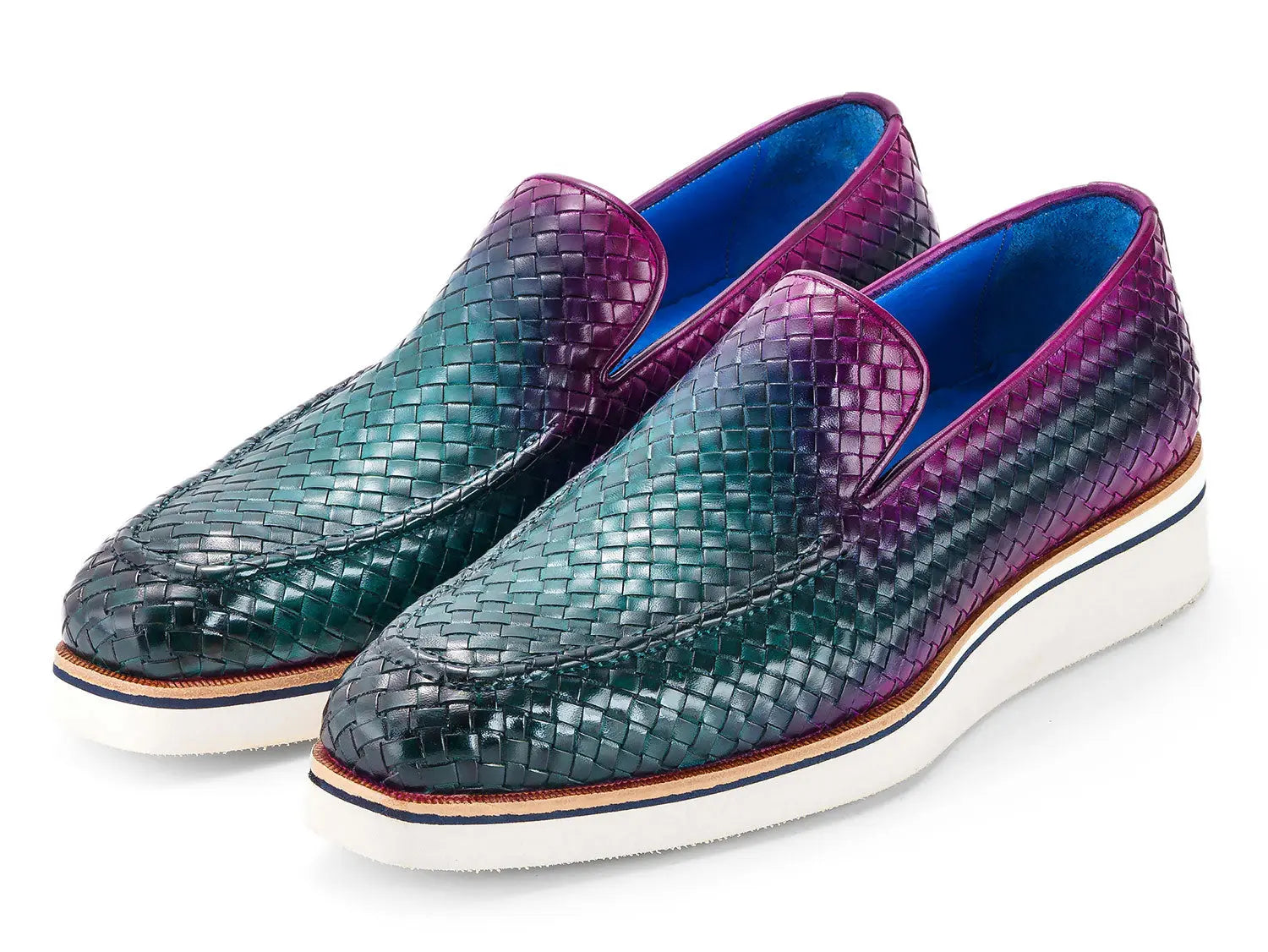 Paul Parkman Men's Green/Purple Smart Casual Woven Genuine Leather Loafers (ID#186-WN-GPR) PAUL PARKMAN