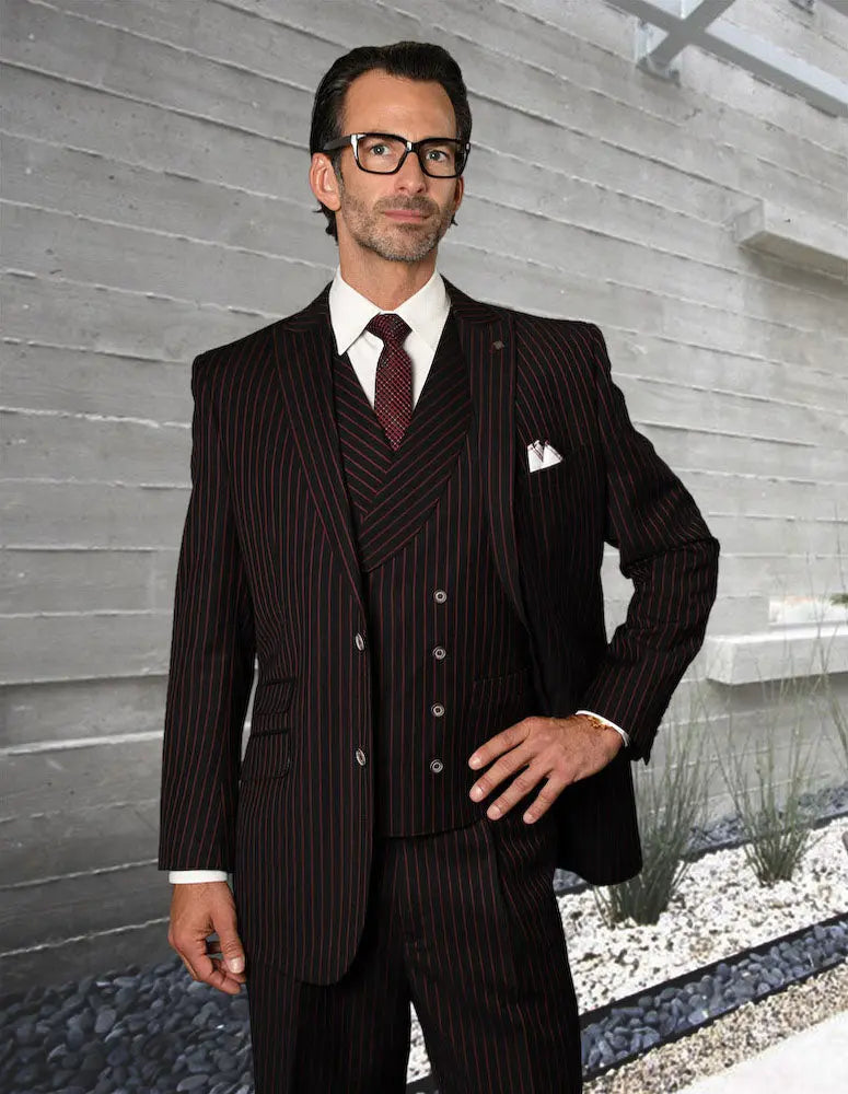 Statement Zarelli Black/Red Super 150's Italian Wool Vested Suit