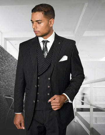 Statement Zarelli Black Super 150's Italian Wool Vested Suit
