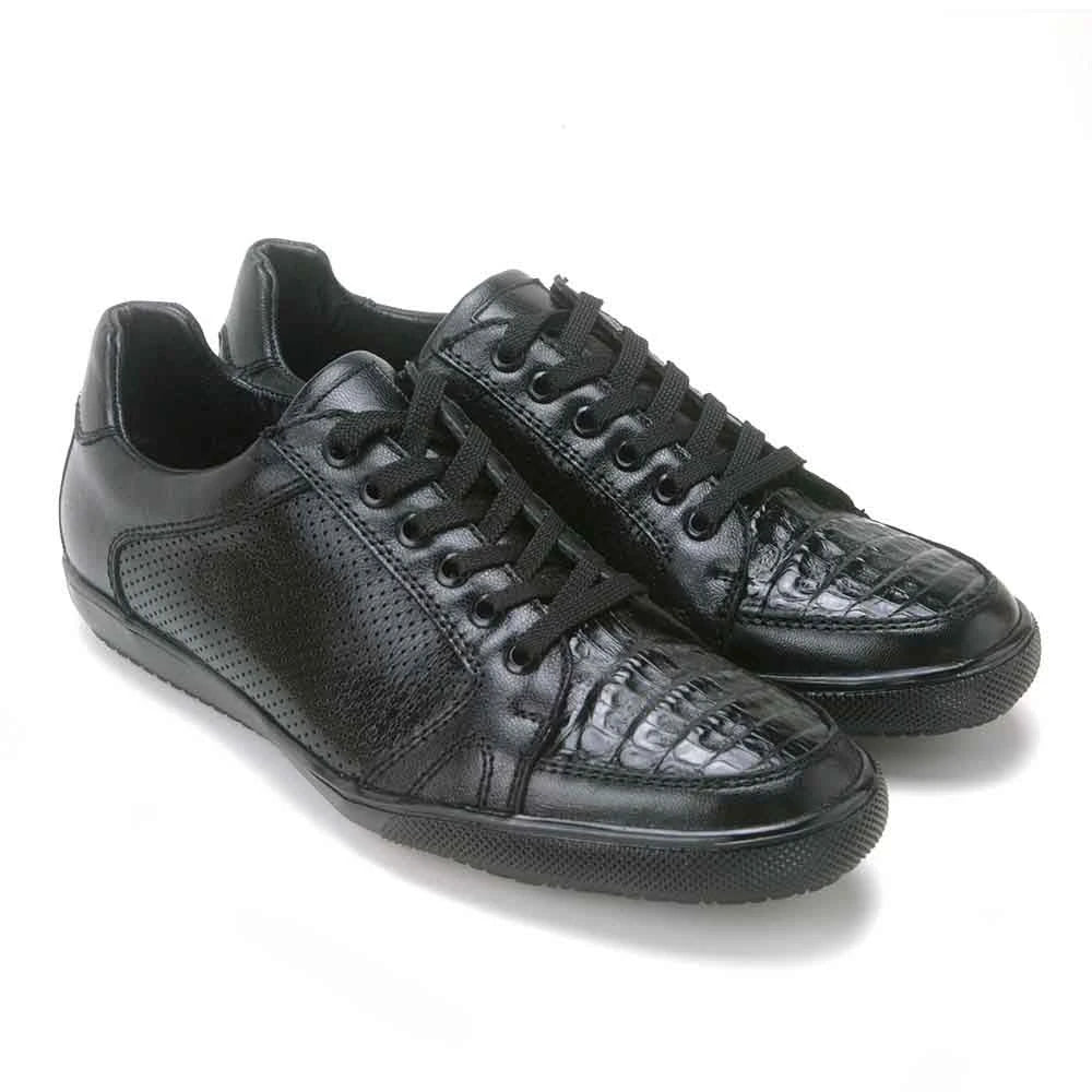 Los Altos ZC118205 Men's Black Genuine Caiman Crocodile Belly Sneakers