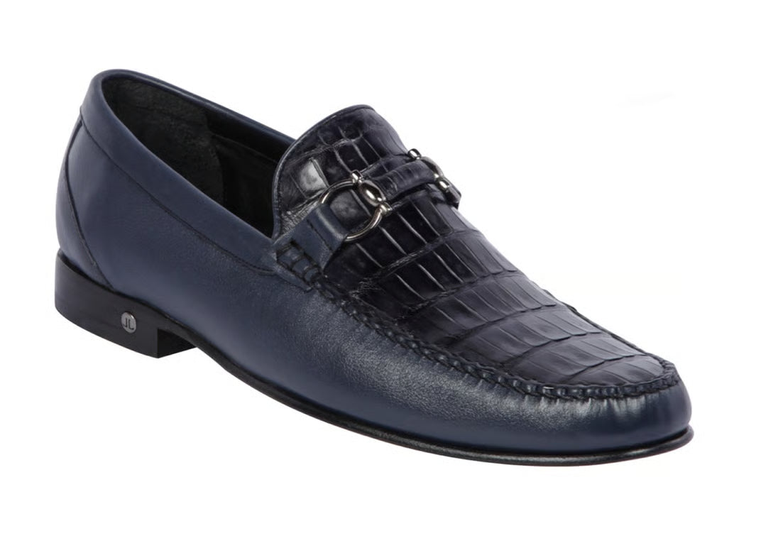 Los Altos ZLA058210 Men's Navy Blue Genuine Caiman Crocodile Belly/Leather Loafers