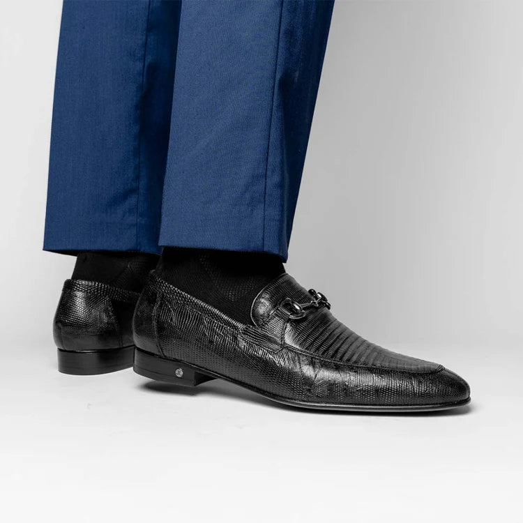 Los Altos ZLD010705 Men's Black Genuine Caiman Teju Lizard Loafers