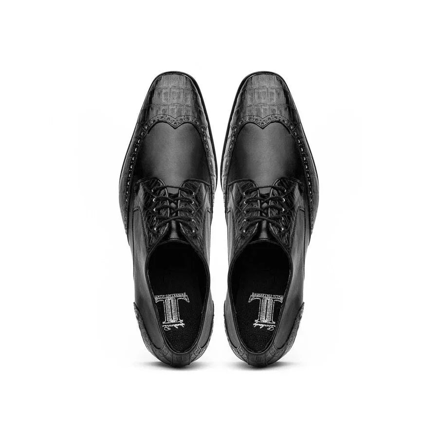 Los Altos ZLM018205 Men's Black Genuine Caiman Crocodile Belly/Calf Leather Oxfords