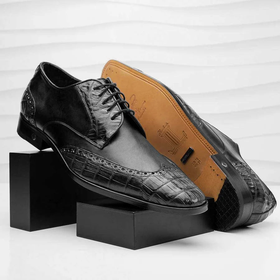Los Altos ZLM018205 Men's Black Genuine Caiman Crocodile Belly/Calf Leather Oxfords