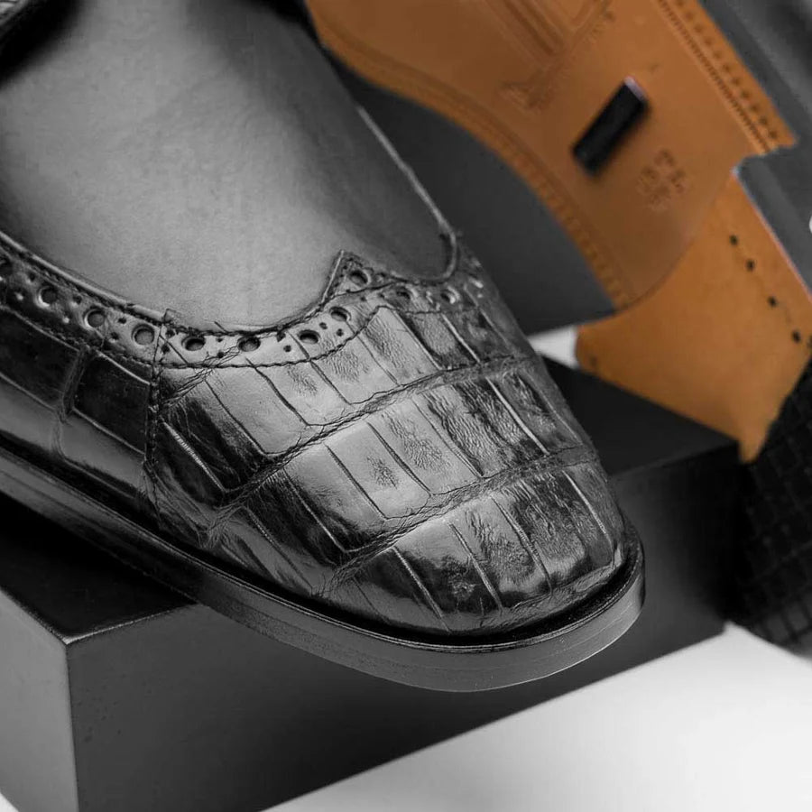 Los Altos ZLM018205 Men's Black Genuine Caiman Crocodile Belly/Calf Leather Oxfords