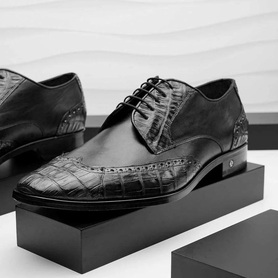 Los Altos ZLM018205 Men's Black Genuine Caiman Crocodile Belly/Calf Leather Oxfords