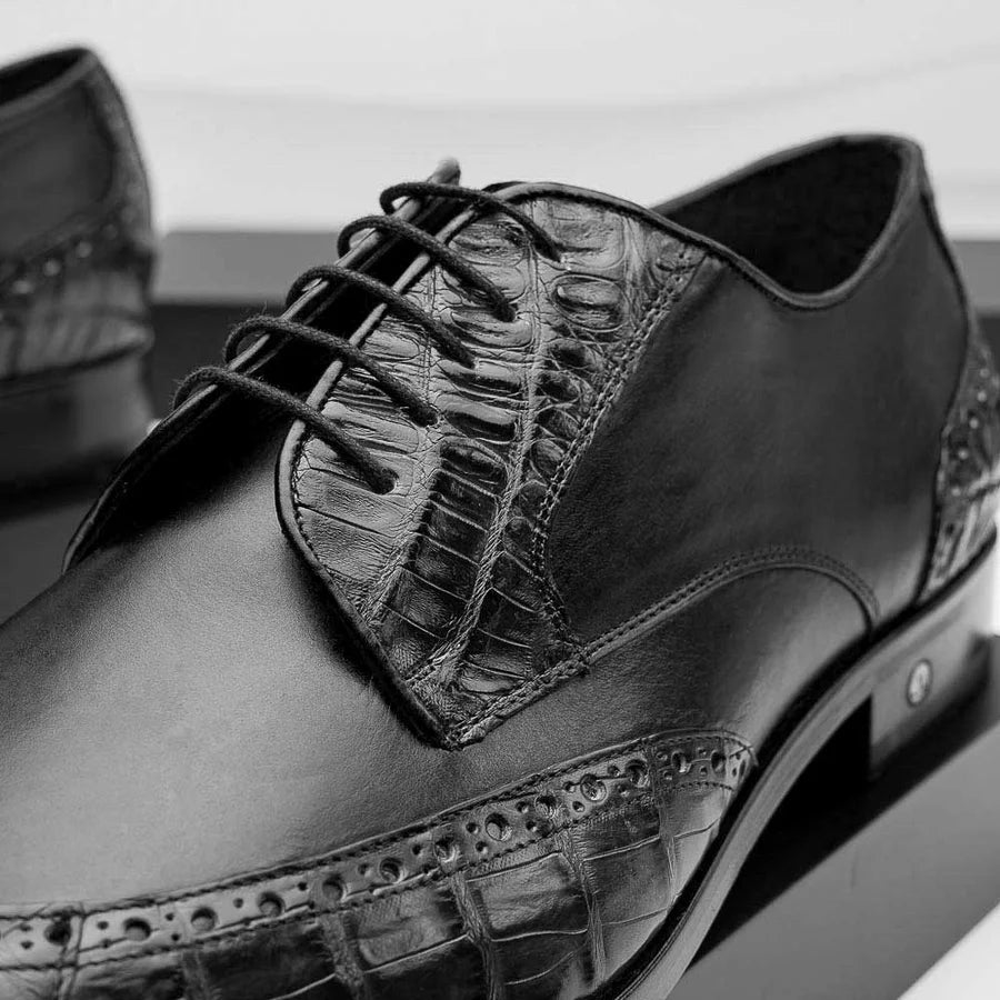 Los Altos ZLM018205 Men's Black Genuine Caiman Crocodile Belly/Calf Leather Oxfords